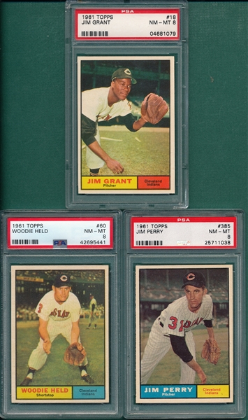 1961 Topps #18 Grant, #60 Held & #385 Jim Perry, Lot of (3) PSA 8