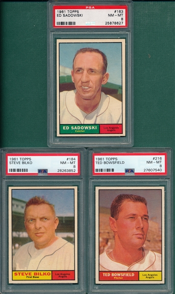 1961 Topps #163 Sadowski, #184 Bilko & #216 Bowsfield, Lot of (3) PSA 8