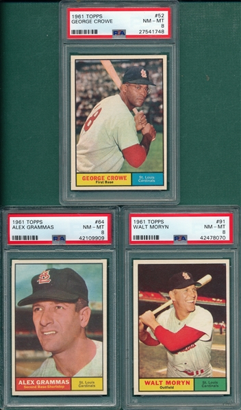1961 Topps Lot of (5) Cardinals W/ #52 Crowe PSA 8