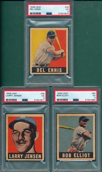 1948 Leaf #49 Ennis, #56 Jensen & #65 Elliot, Lot of (3) PSA 3