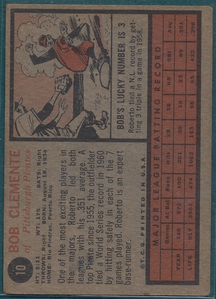 1962 Topps #10 Bob Clemente
