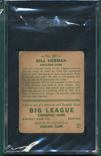 1933 Goudey #227 Bill Herman SGC 2.5