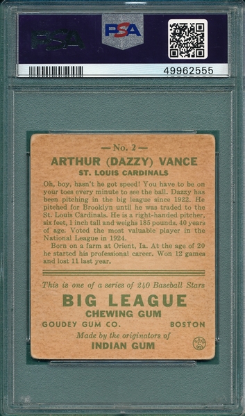 1933 Goudey #2 Dazzy Vance PSA 2