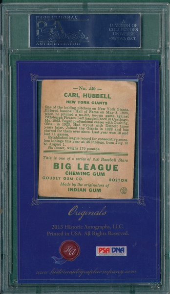 2013 Historic Autographs Originals, 1933, #230 Carl Hubbell, PSA Authentic