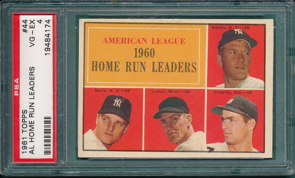 1961 Topps #44 AL Home Run Leaders W/ Maris & Mantle, PSA 4