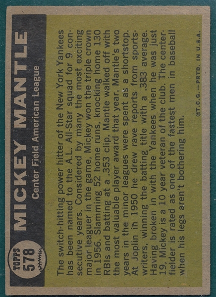 1961 Topps #578 Mickey Mantle, All Star, *Hi #*