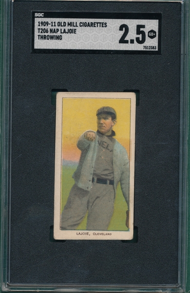 1909-1911 T206 Lajoie, Throwing, Old Mill Cigarettes SGC 2.5