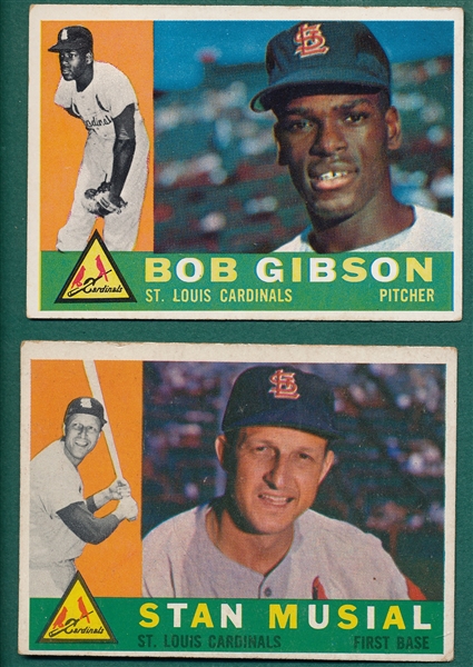 1960 Topps #73 Gibson & #250 Musial, Lot of (2) Cardinals
