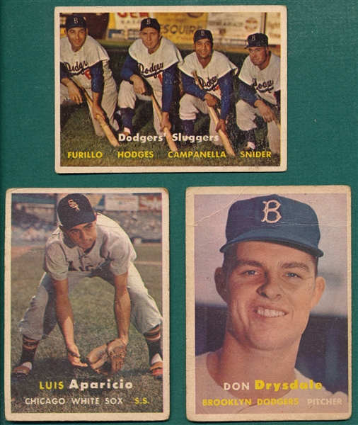 1957 Topps #7 Aparicio, #400 Dodgers Sluggers & #18 Drysdale, Rookie, Lot of (3)
