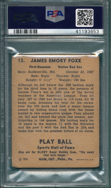 1941 Play Ball #13 Jimmie Foxx PSA 1