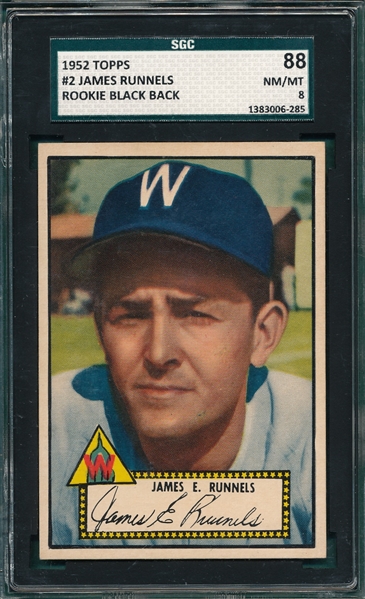1952 Topps #2 James Runnels SGC 88 *Black* *Low Pop* *Only One Higher*