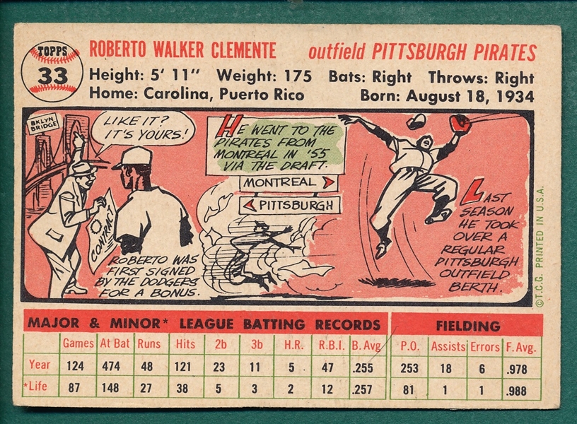 1956 Topps #33 Roberto Clemente *White*
