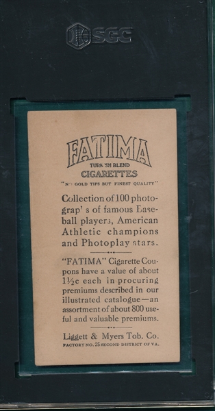 1914 T222 Wildfire Schulte Fatima Cigarettes SGC Authentic *SP*