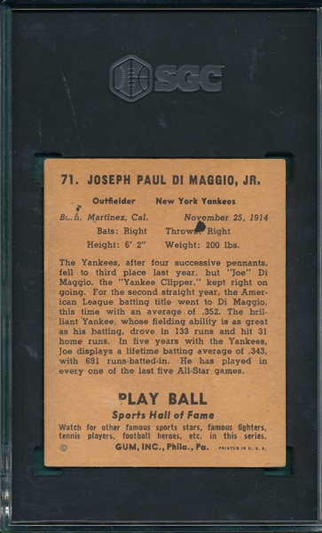 1941 Play Ball #71 Joe DiMaggio SGC 2