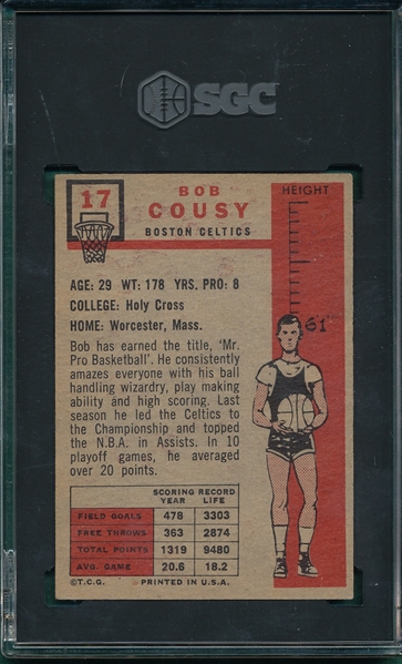 1957 Topps Basketball #17 Bob Cousy SGC 5.5 *Rookie*