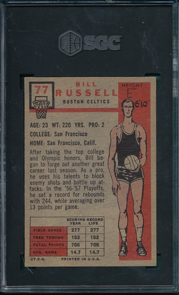 1957 Topps Basketball #77 Bill Russell SGC 4.5 *Rookie*