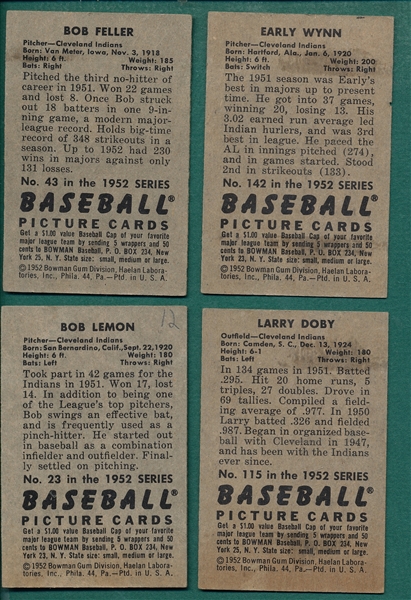 1952 Bowman Indians HOFers Lot of (4) W/ #43 Feller
