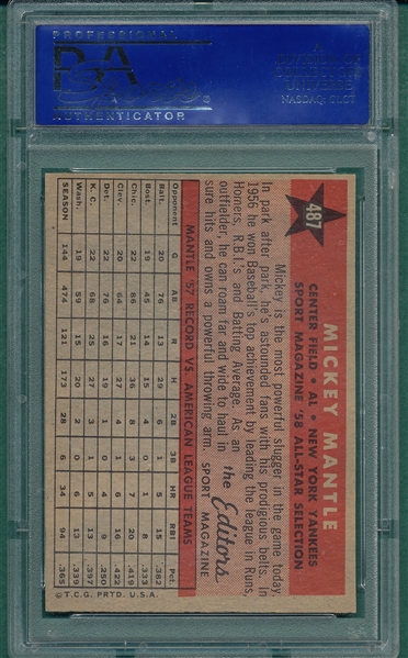 1958 Topps #487 Mickey Mantle, AS, PSA 7