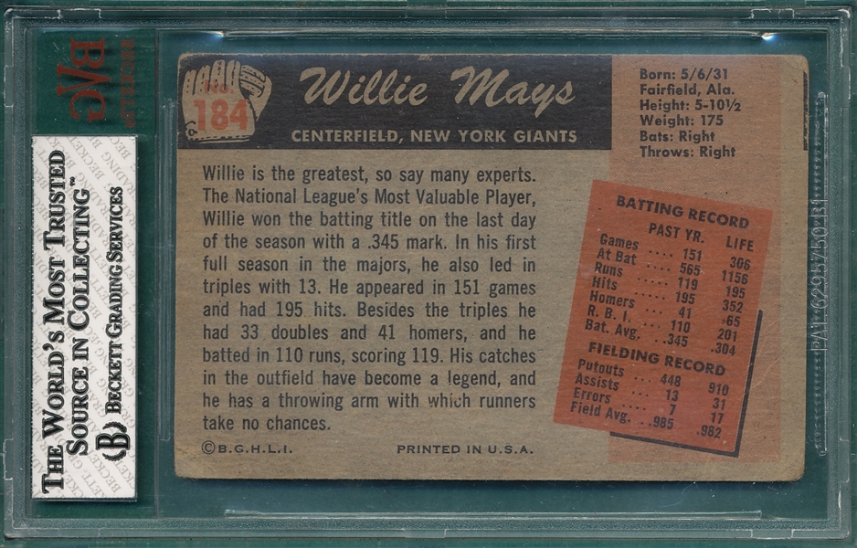 1955 Bowman #184 Willie Mays BVG 2.5