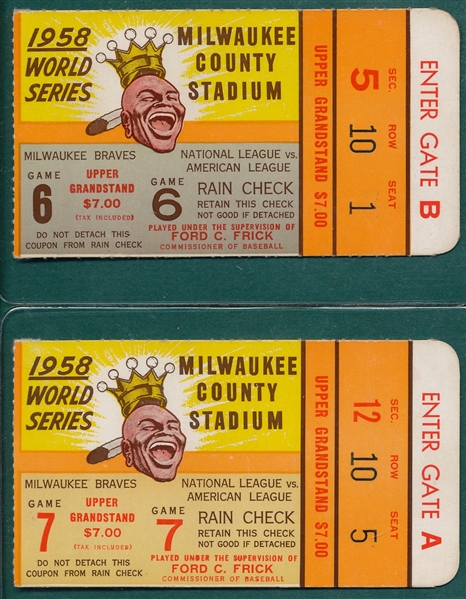 1958 World Series Ticket Stubs, Game 6 & 7, Lot of (2)
