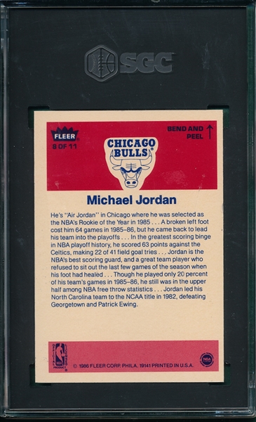 1986 Fleer Basketball Sticker #8 Michael Jordan SGC 5.5 *Rookie*