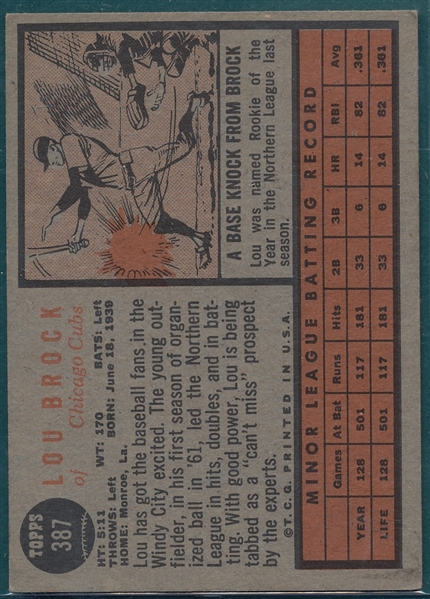 1962 Topps #387 Lou Brock, Rookie