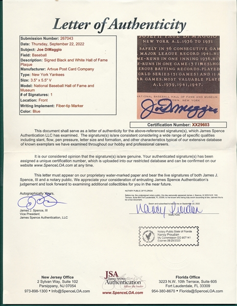 Joe DiMaggio Signed HOF Postcard, JSA