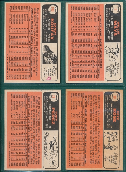 1966 Topps #1 Mays, #30 Rose, #72 Perez & #100 Koufax, Lot of (4)