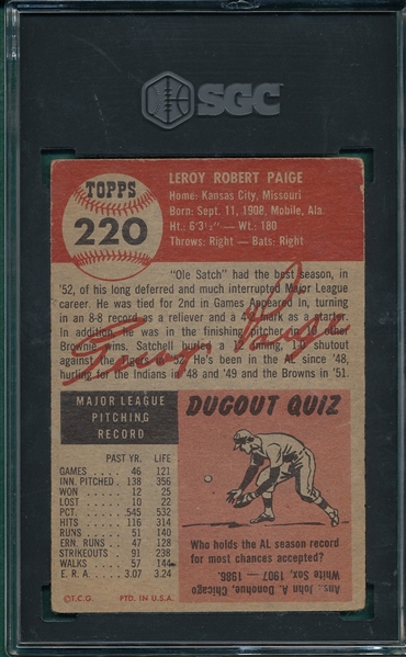 1953 Topps #220 Satchell Paige SGC 1