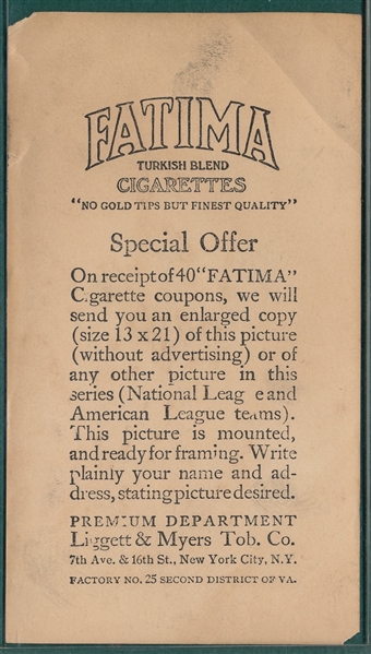 1913 T200 New York Nationals Fatima Cigarettes W/ Jim Thorpe