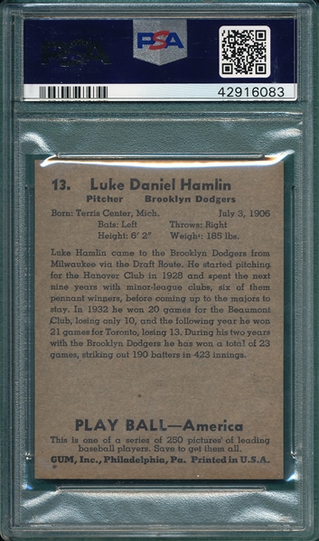 1939 Play Ball #13 Luke Hamlin PSA 8