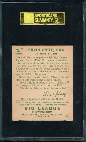 1934 Goudey #70 Ervin Fox SGC 88