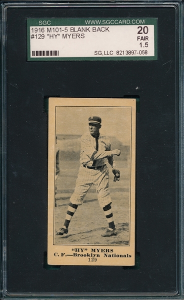 1916 M101-5 #129 Hy Myers Sporting News SGC 20 *Blank Back* *Presents Better*