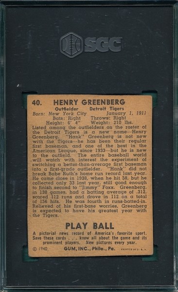 1940 Play Ball #40 Hank Greenberg SGC Authentic