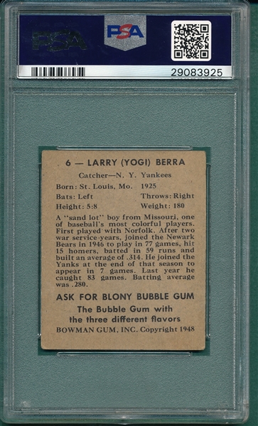 1948 Bowman #6 Yogi Berra PSA 4 *Rookie*