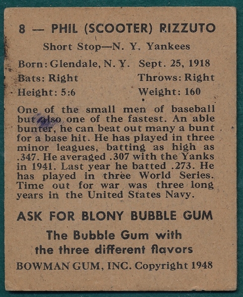 1948 Bowman #8 Phil Rizzuto 