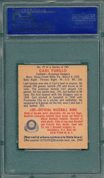 1949 Bowman #70 Carl Furillo PSA 6