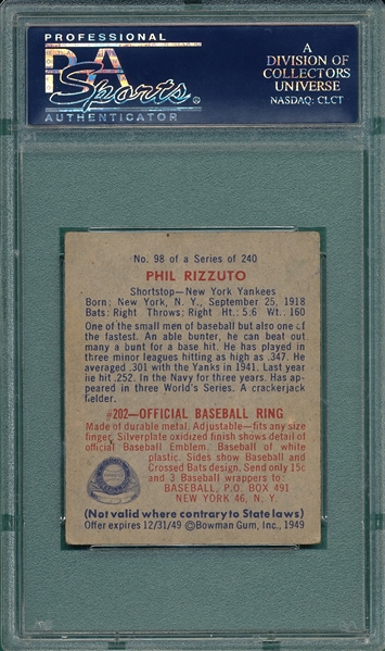 1949 Bowman #98 Phil Rizzuto PSA 4 *Name On Front*
