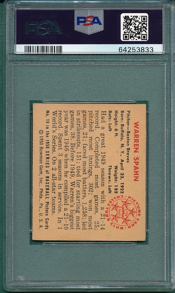 1950 Bowman #19 Warren Spahn PSA 3