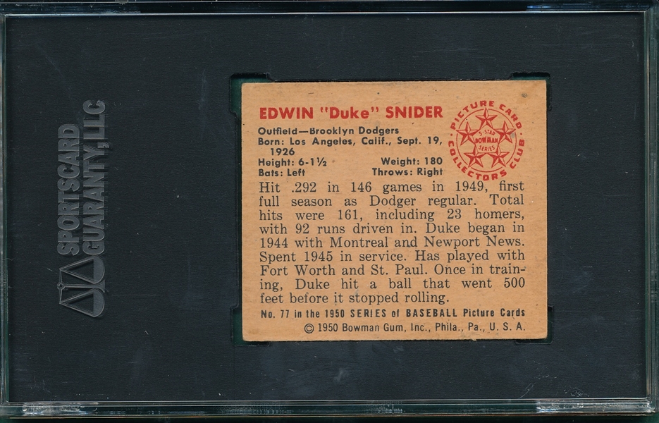 1950 Bowman #77 Duke Snider SGC 50