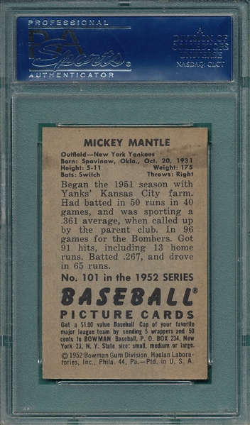 1952 Bowman #101 Mickey Mantle PSA 5