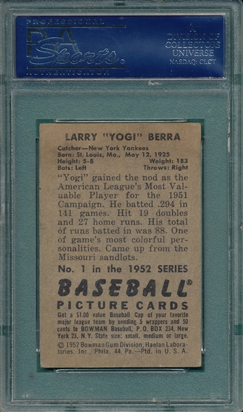 1952 Bowman #1 Yogi Berra PSA 4.5
