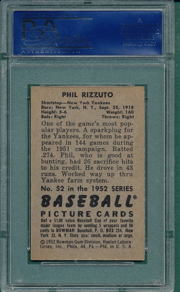 1952 Bowman #52 Phil Rizzuto PSA 7