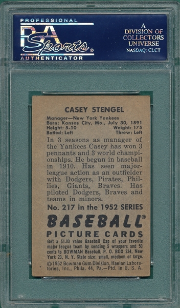 1952 Bowman #217 Casey Stengel PSA 6