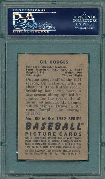 1952 Bowman #80 Gil Hodges PSA 6