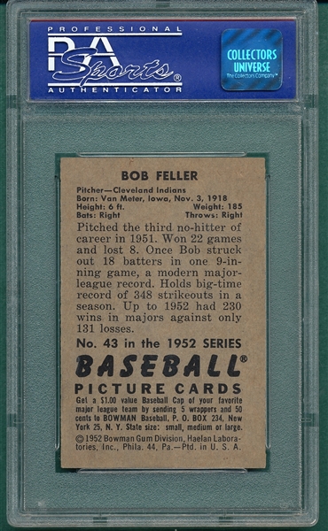 1952 Bowman #43 Bob Feller PSA 7