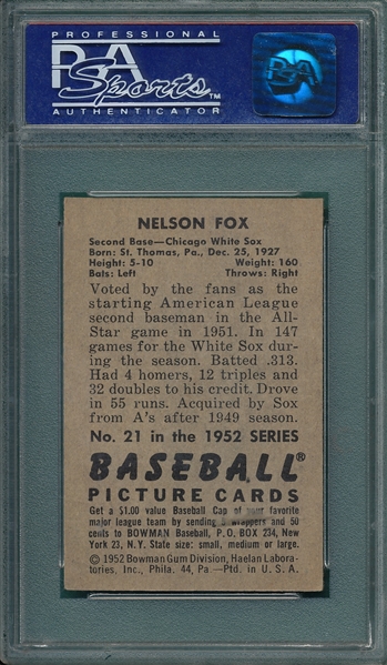 1952 Bowman #21 Nelson Fox PSA 7