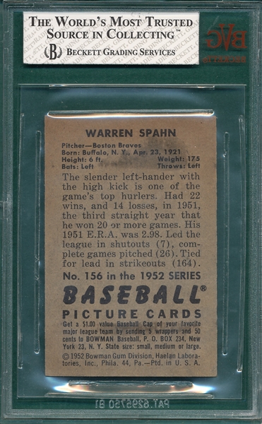 1952 Bowman #156 Warren Spahn BVG 6
