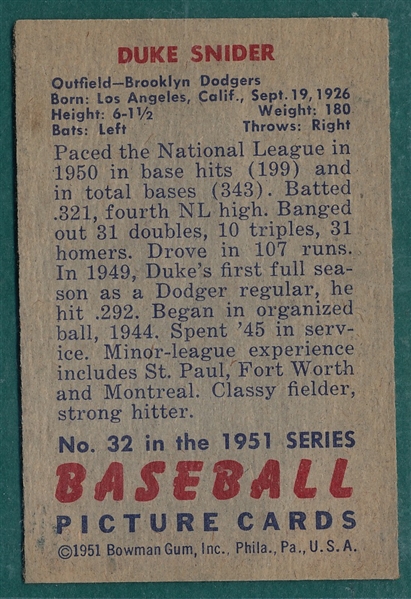 1951 Bowman #32 Duke Snider