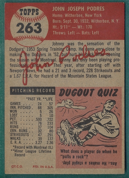 1953 Topps #263 John Podres *Hi #* *Rookie*